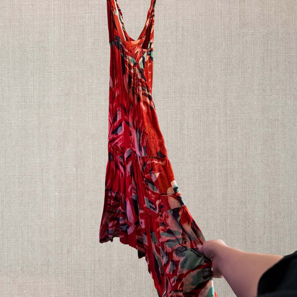 Anthropologie Red Tropical Print Deep V-Neck Tiered Maxi Dress tropical goddess - Picture 11 of 12